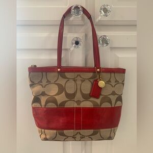 COACH Signature Tan and Red Shoulder-Tote Bag